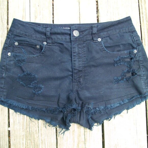 American Eagle AE Distressed Frayed Mid Rise Stretch Black Shorts SZ 8 - Picture 1 of 6